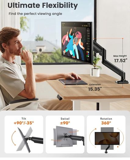 Single Monitor Arm for 13-32Screens, Ergonomic Height Adjustable Gas Spring Monitor Arm Bracket, VESA 75/100mm, 2 Mounting Options, Weight 1 kg to 6 kg