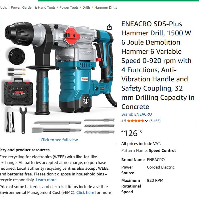 ENEACRO SDS-Plus Hammer Drill, 1500 W 6 Joule Demolition Hammer 6 Variable Speed 0-920 rpm with 4 Functions, Anti-Vibration Handle