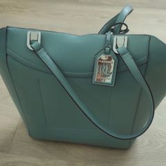 Large Ralph Lauren tote in soft blue. Silver metal hardware and catch fastener.