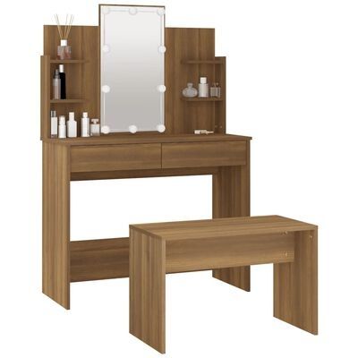 Dressing Table Set with LED Brown Oak Engineered Wood