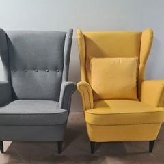 Matching Pair of Wingback Armchairs Grey  Yellow  Storage Clearance  Sold as seen