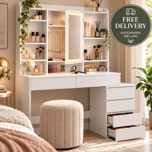 White Dressing Table with LED Mirror, Drawers and Storage Shelves