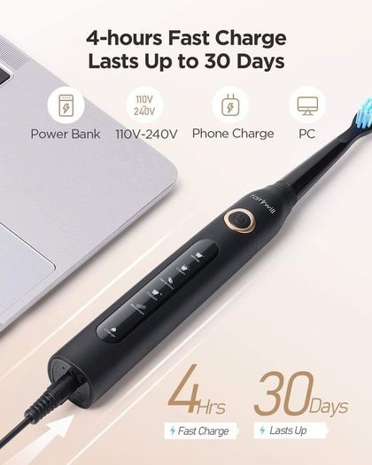 Fairywill Sonic Toothbrush,Electric Toothbrush Clean Teeth Like a Dentist Rechargeable 4 Hours Charge Minimum 30 Days Use 5 Optional Modes,3 Brush Heads Black