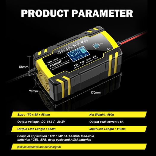FOXSUR FBC122408D Car Battery Charger,12V/24V 8A 4A Intelligent Automatic Battery Charger for Car