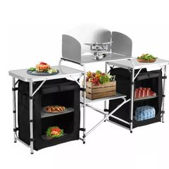 Kitchen Table/Cabinet Camping Large Sturdy Portable Folding Cooking Storage Rack Zippered Bag Outdoors Windproof Black