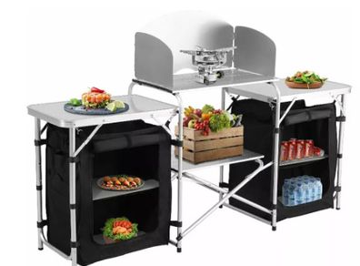 Kitchen Table/Cabinet Camping Large Sturdy Portable Folding Cooking Storage Rack Zippered Bag Outdoors Windproof Black