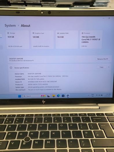 HP Elitebook 840 G8 Aero Laptop i7-1165G7 (11th Gen)16GB RAM, 1TB SSD, Windows 11 Pro, 14" FHD