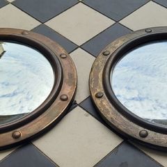 Antique pair of brass convex mirrors