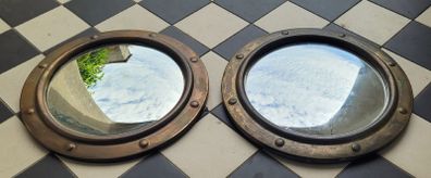 Antique pair of brass convex mirrors