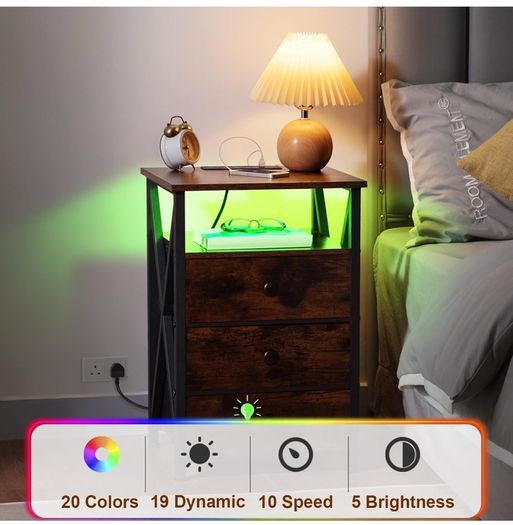 Bedside Table Set of 2 with Charging Station