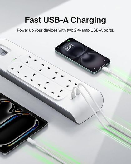 Extension Lead with USB Slots x 2 (2.4 A Shared), 8 Way/8 Plug Extension, 2m Surge Protected Power Strip - White