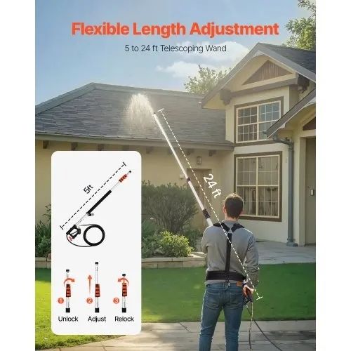 Telescoping Wand, 24 ft, 4000 psi, Telescopic Spray Wand with Power Washer Extension Wands, Gutter Cleaner, Brush Head, Pivoting Coupler, 7 Spray Nozzles