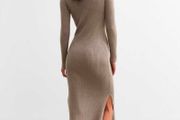 Beige Rib Knit High Neck Midi Dress  NEW LOOK