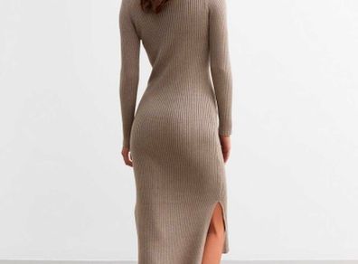 Beige Rib Knit High Neck Midi Dress  NEW LOOK