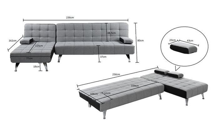 Light grey velvet corner Sofa Bed Large. 236cm