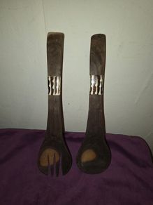 Olive wood and bone inlay salad spoon and fork