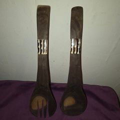 Olive wood and bone inlay salad spoon and fork