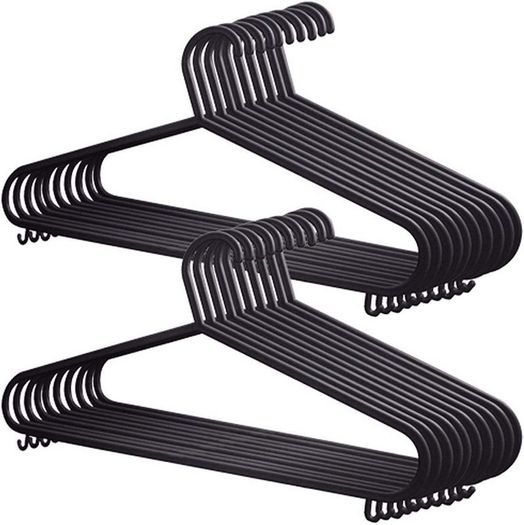 Adult Plastic Coat Hangers - 25pk, Black Colour, Strong Clothes Hangers for Clothes Rail & Closet, Clothing Hanger with Suit Pants Trouser Bar and Clips, Space Saving, 37.5 cm Wide