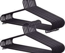 Adult Plastic Coat Hangers - 25pk, Black Colour, Strong Clothes Hangers for Clothes Rail & Closet, Clothing Hanger with Suit Pants Trouser Bar and Clips, Space Saving, 37.5 cm Wide