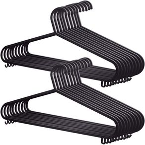 Adult Plastic Coat Hangers - 25pk, Black Colour, Strong Clothes Hangers for Clothes Rail & Closet, Clothing Hanger with Suit Pants Trouser Bar and Clips, Space Saving, 37.5 cm Wide