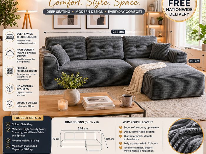 Modular Corner Sofa with Chaise Longue Slate Grey Corduroy No Assembly Required