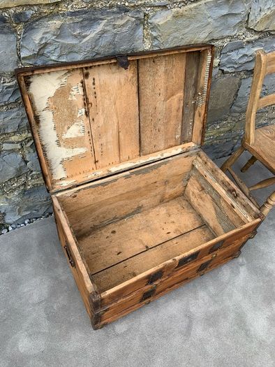 Late Victorian Antique Metal Bound Wooden Chest.