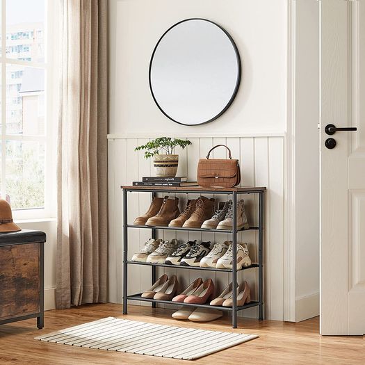 Shoe Rack 4 Tier Shoe Rack Narrow 3 Tier Polyester Fabric Metal Frame Hallway Entrance Industrial Design Vintage Brown/Black