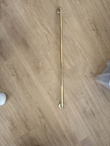 Antique brass effect bath towel rail, hand towel ring and glass holder.