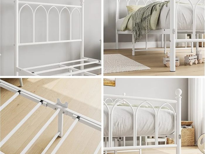 Single Metal Bed Frame 90 x x190 cm with Headboard and Footboard Heavy Duty Foundation,Metal Slat Support, White