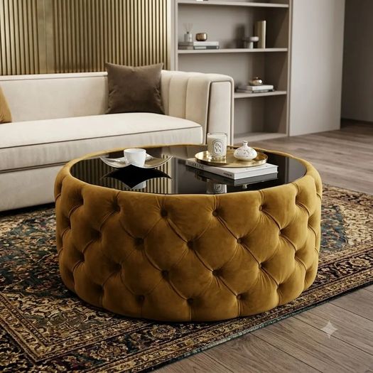 Round Velvet Coffee Table  Tinted Glass Top