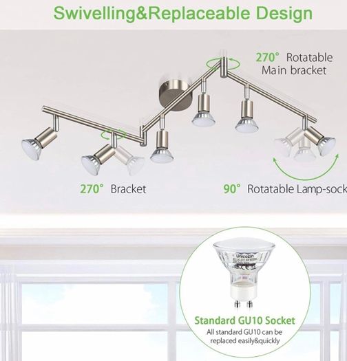 LED Ceiling Light Rotatable, 6 Way LED Ceiling Spotlight, Matt Nickel & Swivelling Design, Including 6 X 4W GU10 LED Bulbs (MULTIPLE COLOURS)