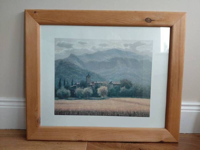 Framed Landscape Print, Village & Mountain Scene