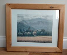 Framed Landscape Print, Village & Mountain Scene