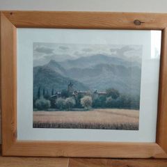 Framed Landscape Print, Village & Mountain Scene