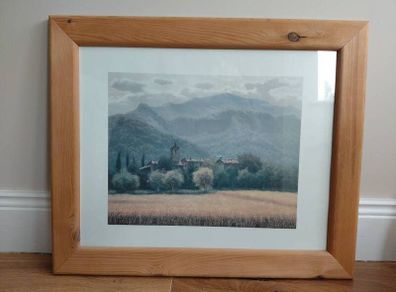 Framed Landscape Print, Village & Mountain Scene