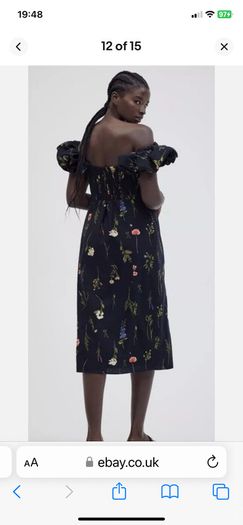 H&M Black Floral Off-the-shoulder Linen Cotton Midi Dress