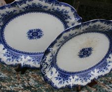 Vintage Ironstone Blue and white Transfer Serving Plates HUDSON WILCOX & TILL - England 16"x12" and 14"x11"