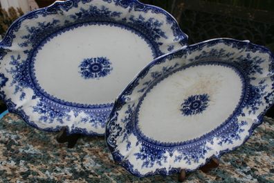 Vintage Ironstone Blue and white Transfer Serving Plates HUDSON WILCOX & TILL - England 16"x12" and 14"x11"