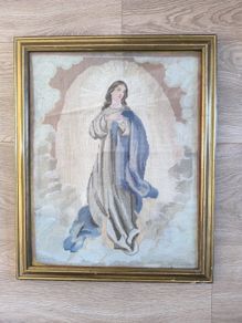 wall art vintage framed needlepoint tapestry Pryer Virgin Mary Holly Madonna