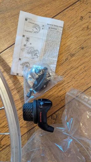 26" bike wheel with 3 speed Shimano nexus hub, cables , shifter