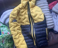 Superdry Everest Short Hooded Puffer Jacket, Mustard/Navy