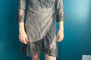 Odd Molly Grey lace &amp; pink embroidered dress. Size 8/10
