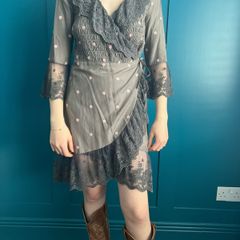 Odd Molly Grey lace & pink embroidered dress. Size 8/10