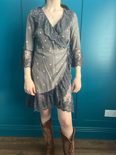 Odd Molly Grey lace & pink embroidered dress. Size 8/10