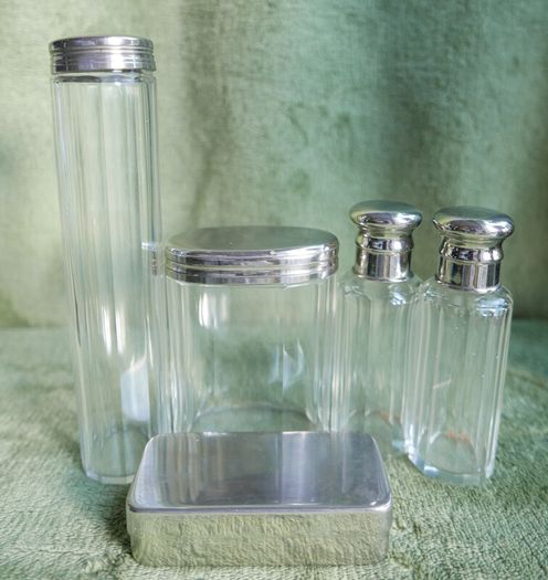 Antique Edwardian 1800s Set 5  Apothecary Bottles Ground-Glass Stoppers, Glass Vanity Pin Bottles Jars