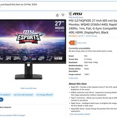 MSI G274QPXDE 27 Inch Gaming Monitor ( Vertical lines on screen)
