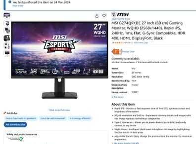 MSI G274QPXDE 27 Inch Gaming Monitor ( Vertical lines on screen)