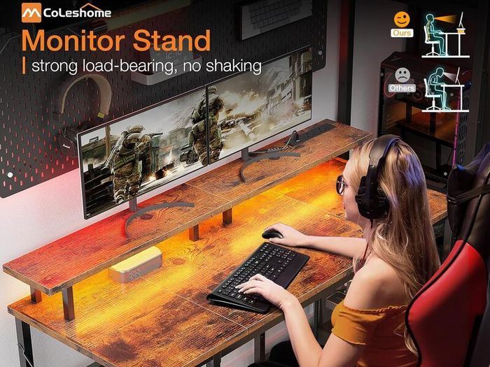 Gaming Desk with LED Lights 120x50 cm Computer Power Outlets PC Table Monitor Stand Storage Shelves CPU Vintage Brown