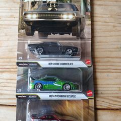 1/64 Hot Wheels Fast and Furious Chase, Set Of 3, Eclipse, Mazda Rx-7, Dodge Charger