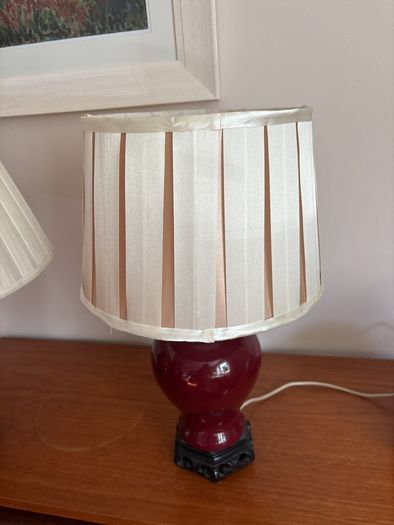 Please Check Photos- Mid Century Oxblood glazed Ginger Jar Table Lamps (2)  with off white pleated empire shade